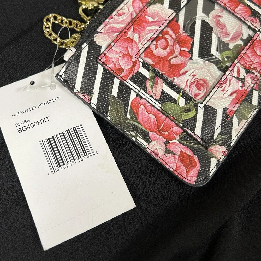 Betsey Johnson New Black White Rose Floral Credit Card Wallet Keychain Clutch
